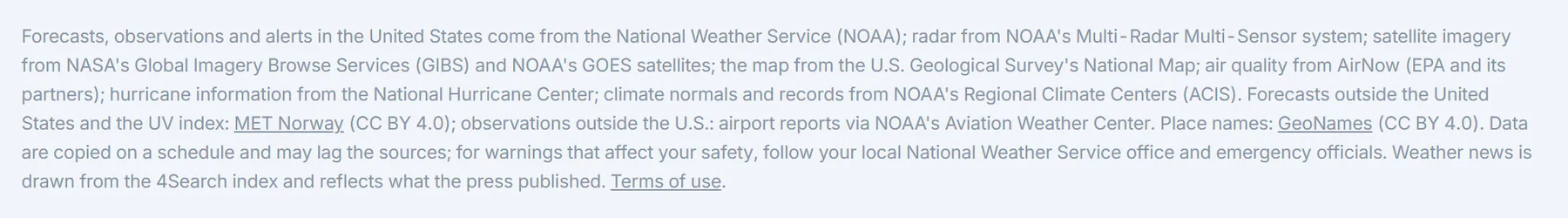 The notice at the bottom of every Weather page: where each kind of information comes from and a reminder that data are copied on a schedule and may lag the sources
